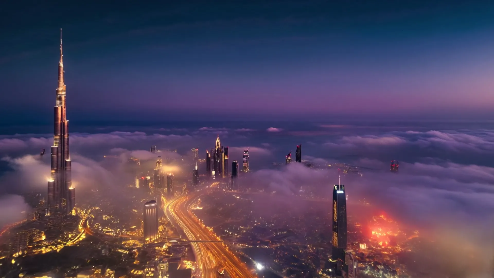 Descenso aéreo sobre Dubái al amanecer con las torres asomando entre las nubes