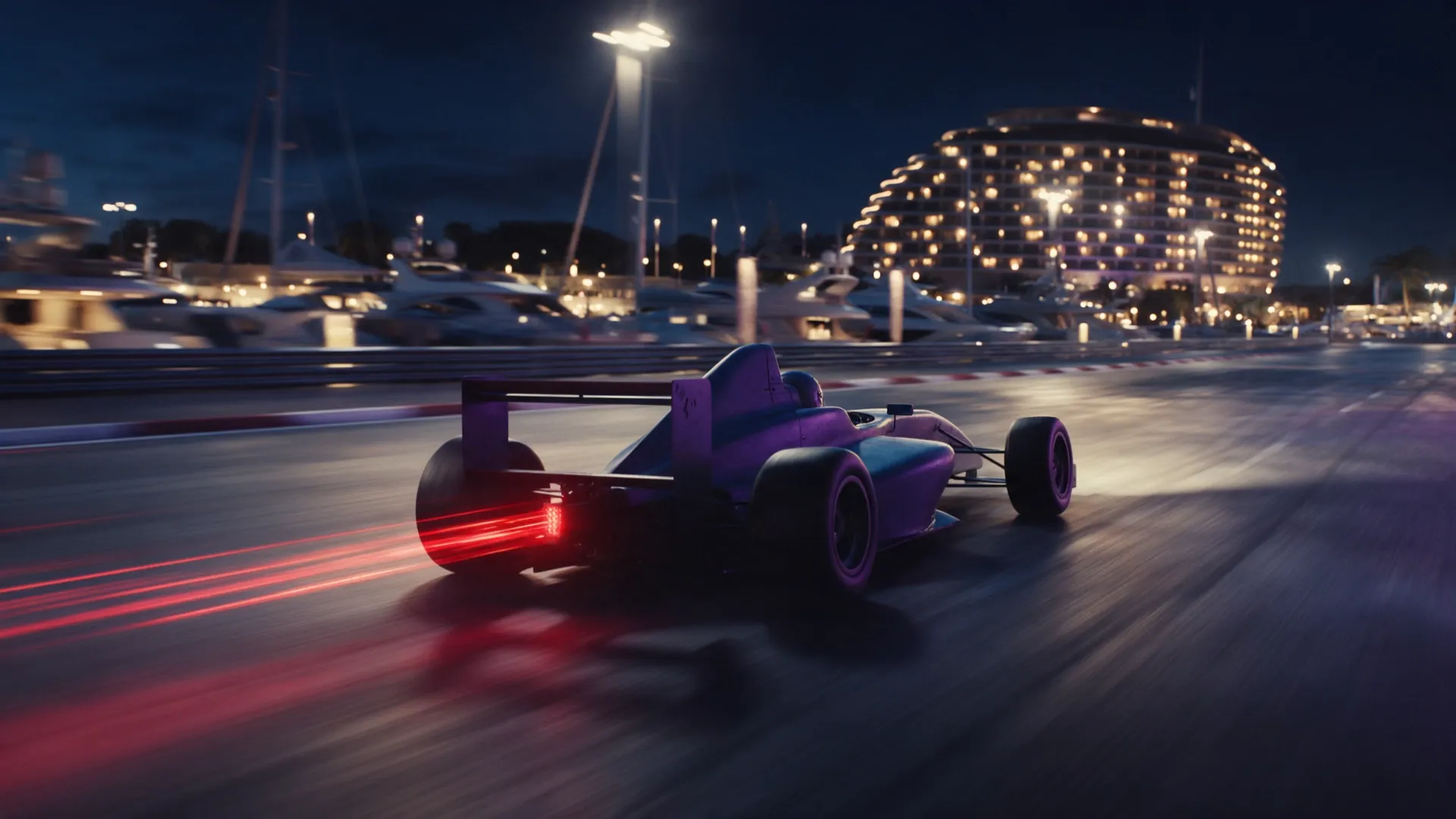 Monoplaza azul y violeta a toda velocidad en un circuito nocturno junto a una marina